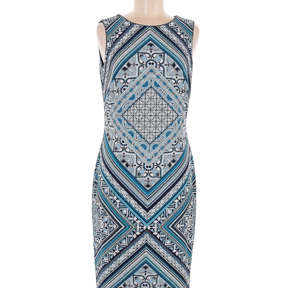 White House Black Market Reversible Blue & Black Knit Print Midi Dress Excellent